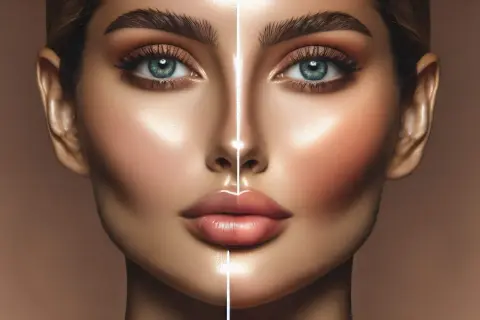 Comparación de acido hialuronico pomulos antes y despues. Rostro femenino con pómulos definidos y labios voluminosos.