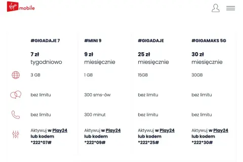Oferty Virgin Mobile: #GIGADAJE 7 (3GB, bez limitu sms/min) za 7 zł/tydz. kod *222*07#, #MINI 9 (1GB, 300sms/min) za 9 zł/mies. kod *222*09#.