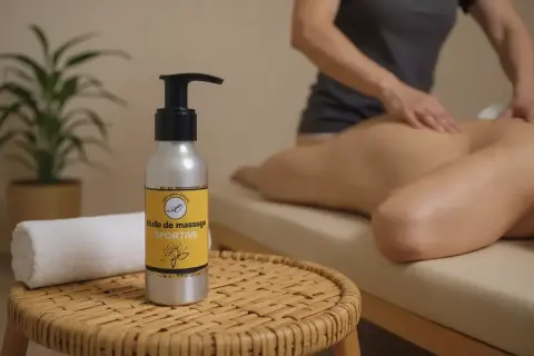 Une bouteille d'huile de massage sportive est posée sur une table en rotin, à côté d'une serviette blanche. En arrière-plan, une personne reçoit un massage au dos.