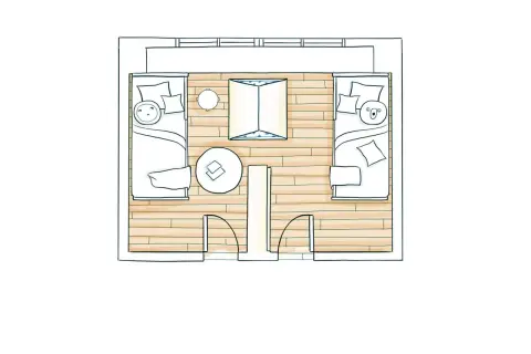 Plano de medidas dormitorio juvenil con dos camas, mesa redonda y ventana.