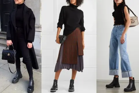 Tre modi per indossare stivaletti alla caviglia: total black elegante, con gonna a pieghe e jeans a vita alta.