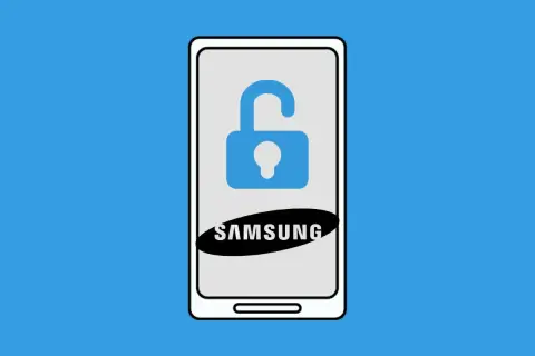 Ilustración de un teléfono Samsung con un candado abierto, indicando cómo averiguar patrón de desbloqueo.