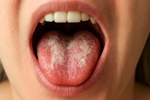 Bocca adulta con lingua arrossata e macchie bianche, suggestive di mughetto.