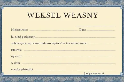Formularz weksla własnego z polami do wypełnienia: miejscowość, data, kwota, odbiorca i podpis.