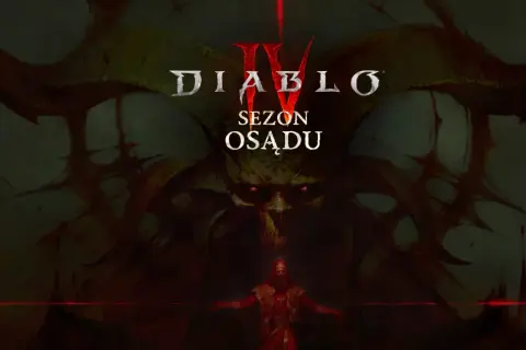 Diablo 4: Sezon Osądu. Mroczna wizja z przerażającą postacią w centrum i logiem gry.