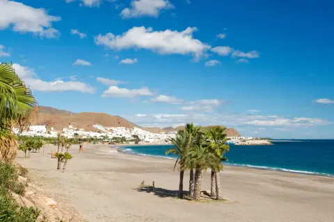 La **playa de la Galera** se extiende bajo un cielo azul con nubes blancas. Palmeras salpican la arena dorada, mientras el mar turquesa baña la costa. Al fondo, un pueblo blanco se asoma entre las colinas.