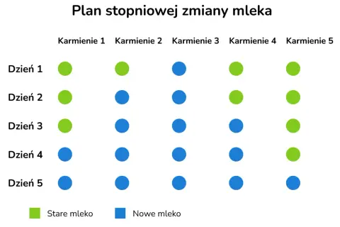 Plan stopniowej zmiany mleka z 1 na 2 Nan. Zielone kropki oznaczają stare mleko, niebieskie nowe. Stopniowo wprowadzaj nowe mleko.