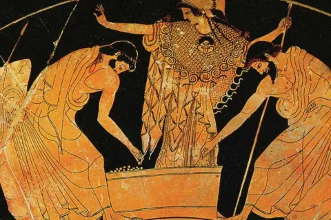Ancient Greek vase painting depicting figures in a game of dice, a scene that might have inspired famous Greek artists.