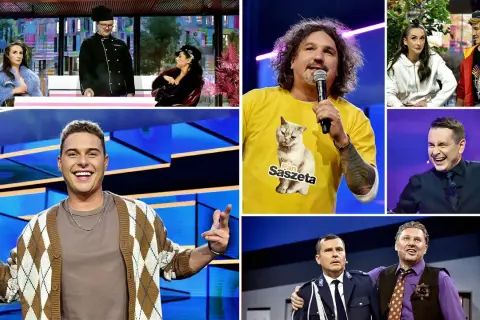 Kolaż zdjęć z programu rozrywkowego: uśmiechnięci mężczyźni, kobiety, kucharz, kot na koszulce.