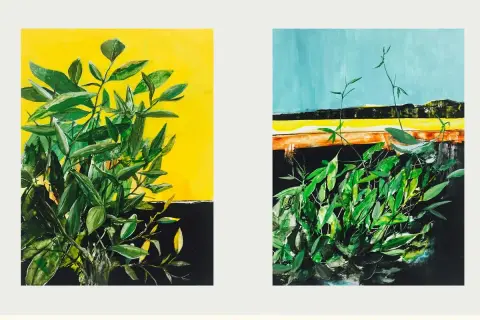 Two vibrant paintings by Asian artists, featuring lush green foliage against bold yellow and blue backgrounds.