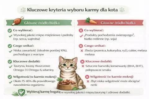 Koty nie mogą jeść zbóż, cukru i melasy. Wybieraj karmę z wysokiej jakości mięsem, tauryną i zdrowymi dodatkami.