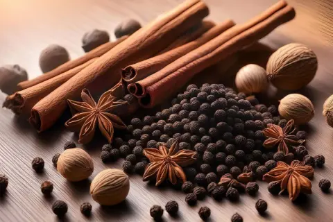 Bâtonnets de cannelle, grains de poivre noir, anis étoilé et noix de muscade forment un mélange 4 épices invitant à la cuisine.
