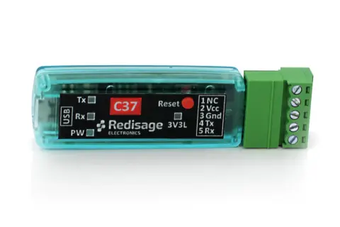 Moduł C37 Redisage z interfejsem USB i złączem śrubowym. Widoczne oznaczenia Tx, Rx, PW, Reset oraz piny UART.