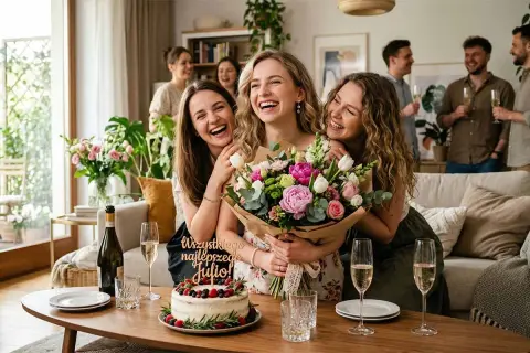Radosne świętowanie imienin Julii! Trzy przyjaciółki śmieją się, trzymając bukiet kwiatów. Na stole tort i szampan.