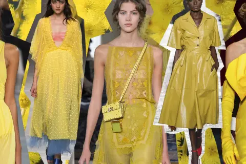 Modelli con abiti gialli. Scarpe da abbinare a vestito giallo: sandali blu, décolleté rosse.