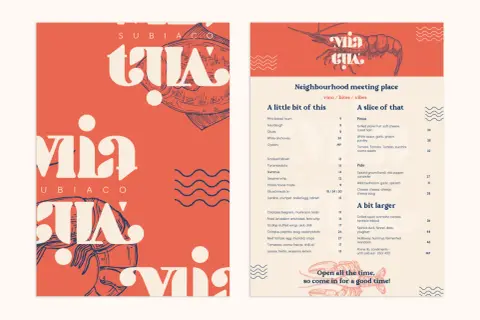Menu à thème avec des illustrations de fruits de mer et des typographies audacieuses.