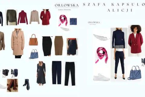 Kolekcja Orłowskiej szafa kapsułowa: płaszcz, marynarki, swetry, spódnice, spodnie, sukienka, torebki, buty i akcesoria.