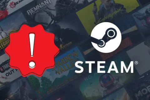 Czerwony wykrzyknik na tle okładek gier Steam i logo platformy.