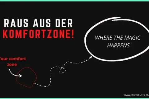 Raus aus der Komfortzone! Beispiele für Wachstum: Ein Pfeil zeigt von der Komfortzone weg zu einem Kreis mit der Aufschrift "Where the magic happens".