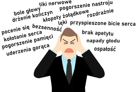 Mężczyzna w garniturze z rękami na uszach, otoczony słowami opisującymi objawy **dystresu**: bóle głowy, bezsenność, kołatanie serca, lęki.
