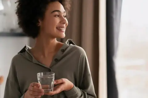 Une femme souriante tient un verre d'eau, un geste simple qui symbolise le luxe de l'eau de riche, une hydratation pure et précieuse.