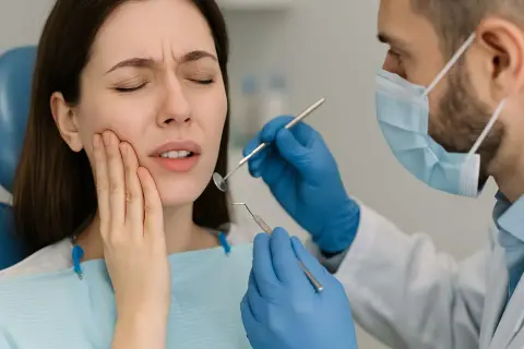 Donna con dolore alla mascella, possibile cisti mandibolare sintomi. Dentista esamina la bocca con strumenti.