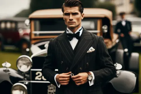 Elegancki mężczyzna w garniturze w prążki, niczym Gatsby, poprawia guzik przy stylowym samochodzie z epoki.