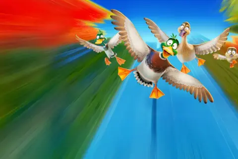 Vier lustige Enten fliegen im Sturzflug, bereit für ein Abenteuer. Ein "Raus aus dem Teich" Stream-Moment!