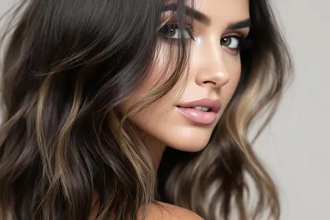 Une femme aux cheveux bruns avec des reflets blonds, un exemple de comment eclaircir cheveux noir pour un look subtil et lumineux.