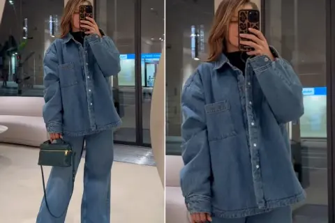 Stylowe stylizacje z koszulą oversize. Denimowy total look z szerokimi spodniami i zieloną torebką.