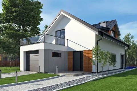 Nowoczesny dom z dużymi oknami i balkonem. Eleganckie facjaty dachowe dodają mu charakteru.