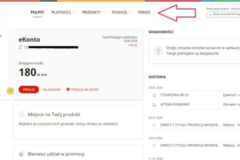 Strona główna mBanku. Kliknij "Pomoc", aby dowiedzieć się, jak sprawdzić identyfikator mbank.