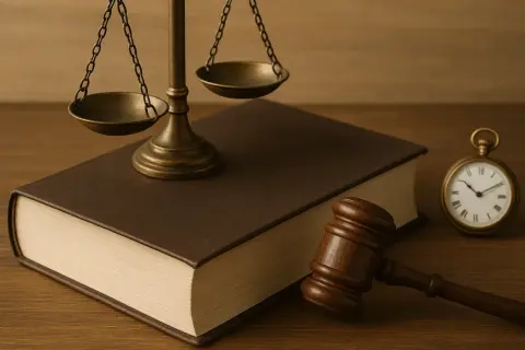 Waga sprawiedliwości, młotek sędziowski i księga prawa. Czas na sprawiedliwy termin.