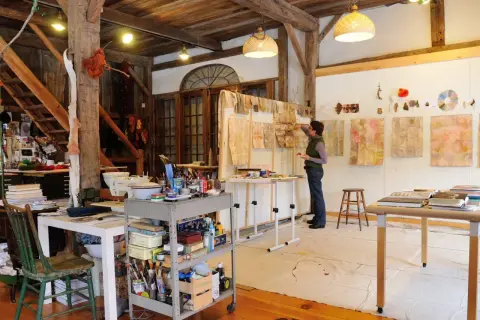 A woman works in a rustic studio, surrounded by art supplies and botanical prints, reminiscent of famous artists studios.