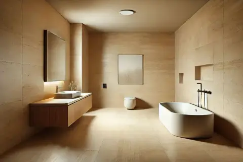 Bagno moderno con pareti e pavimenti in travertino, che cos'è il travertino? Una pietra naturale calda e resistente.