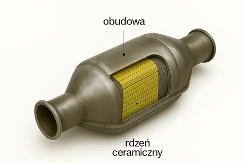 Przekrój katalizatora samochodowego, pokazujący obudowę i rdzeń ceramiczny. To dzięki niemu spaliny stają się czystsze.