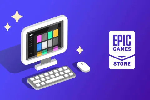 Ilustracja przedstawia komputer z klawiaturą i myszką, obok logo Epic Games Store. Dowiedz się, jak zainstalować grę na laptopie bez napędu.