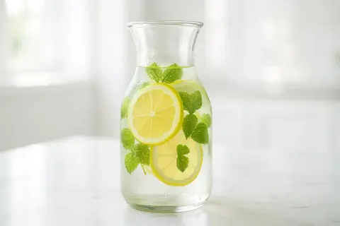Caraffa di bevanda isotonica fatta in casa con fette di limone e foglie di menta fresca.