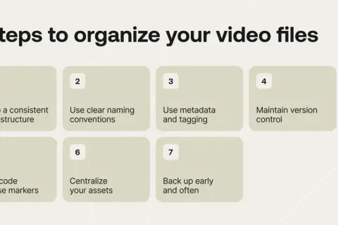 7 steps to organize your video files: consistent folders, clear naming, metadata, version control, color coding, centralization, and regular backups.