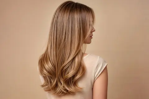 Kobieta z długimi, falowanymi włosami w odcieniach blond. Delikatny balejaż blond dodaje fryzurze głębi i blasku.