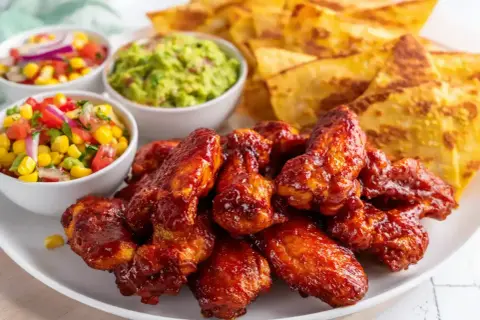 Saftiga kycklingvingar i ugn med tortillachips, guacamole och salsa. Perfekt för en festlig middag!