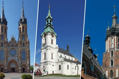 Trzy imponujące budowle: bazylika archikatedralna z dwiema wieżami, biały kościół z zieloną kopułą i wieża z cegły.