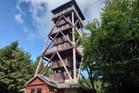 Drewniana wieża widokowa na Orlicy szczyt, otoczona zielenią drzew, zaprasza do podziwiania panoramy.