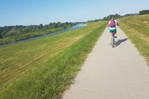 Kobieta na rowerze przemierza malowniczą wiślaną trasę rowerową Kraków-Niepołomice, otoczoną zielenią i spokojną rzeką.