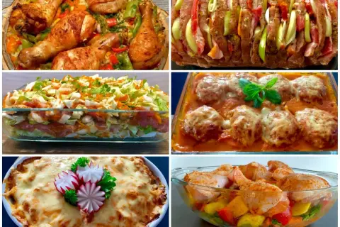 Pyszna kolacja na ciepło z piekarnika: pieczony kurczak, zapiekanka warstwowa, klopsiki w sosie, pieczeń i zapiekanka z serem.