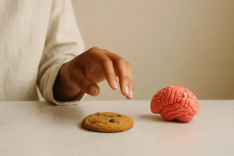 Mano tesa verso un biscotto, accanto a un cervello. Un'immagine che evoca la **valvola di sfogo psicologia** e le tentazioni.