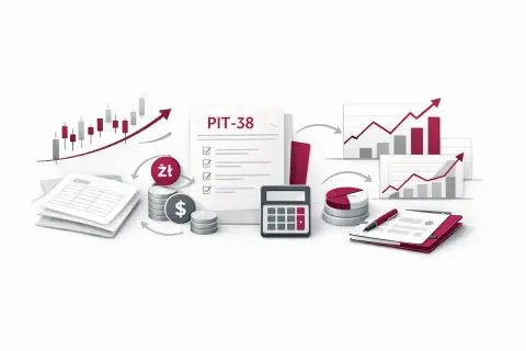 Grafika przedstawia elementy związane z finansami: wykresy giełdowe, PIT-38, kalkulator, monety z symbolem złotówki i dolara, stosy dokumentów i wykresy słupkowe. To wszystko symbolizuje zarządzanie **kapitałem** i rozliczenia podatkowe.