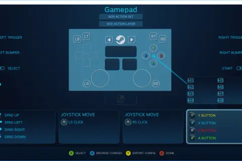 Interfejs Steam z widokiem konfiguracji pada, przyciskami i opcjami.