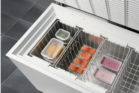 Interno di un congelatore a pozzetto con scomparti contenenti salmone, verdure e gelati. La temperatura del pozzetto è ideale per la conservazione.