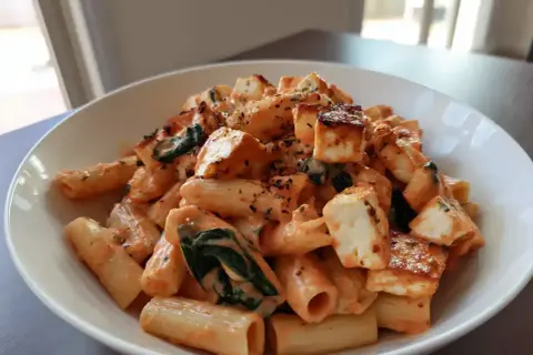 En skål med krämig halloumi pasta med spenat och kryddor.